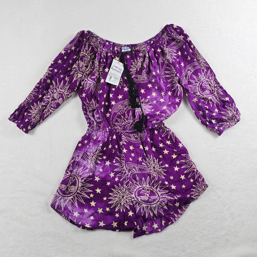 Geeta Purple Celestial Sun Moon Stars Rayon Romper Free Size NWT Boho Festival